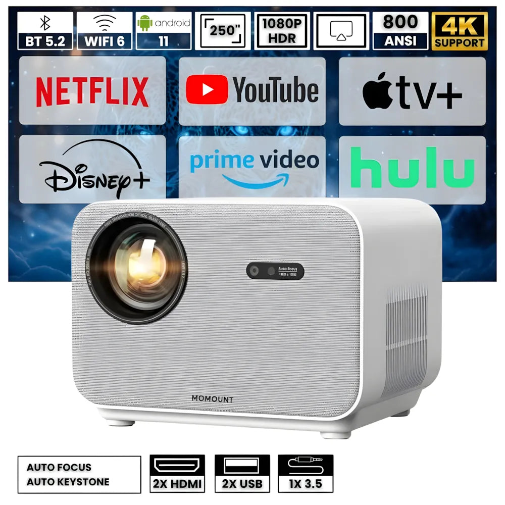Projecteur Full HD Android – Autofocus, WiFi 6, Bluetooth 5.2, Streaming Sans Fil & Projection jusqu’à 300 pouces