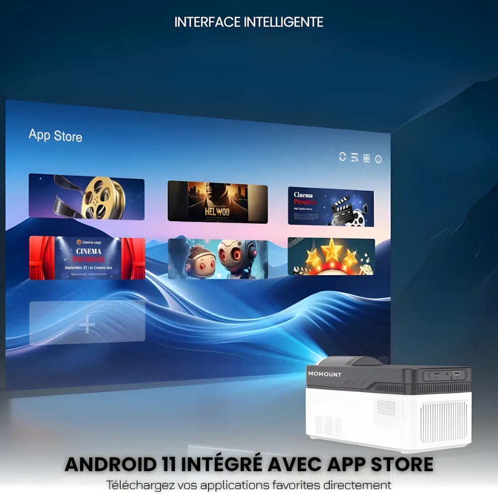 Projecteur Ultra Courte Focale – Full HD 1080p, Android 11, 900 ANSI Lumens, Autofocus, Wi-Fi 6, Bluetooth 5.4