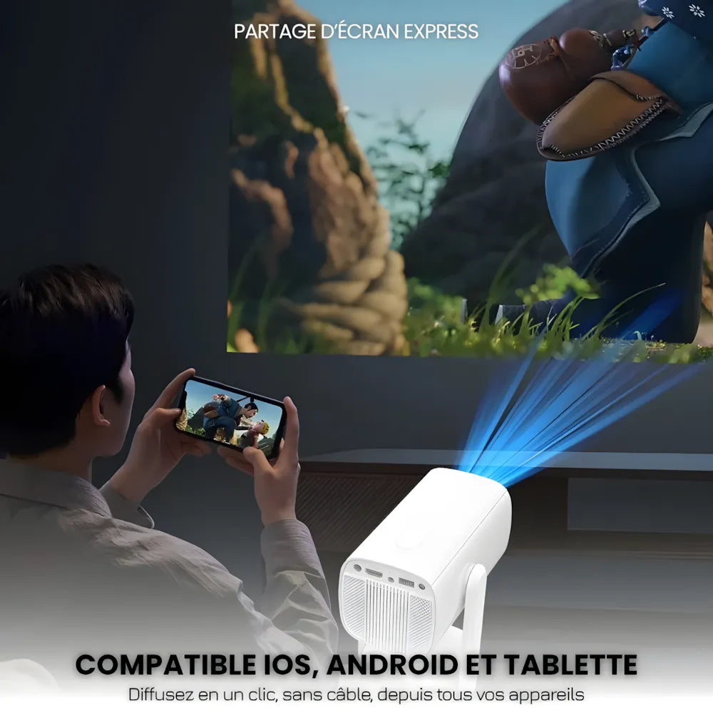 Projecteur Portable Flexible – Android 11, Angle 230°, Autofocus, Batterie, WiFi 5G, Bluetooth 5.2, Haut-parleurs 10W