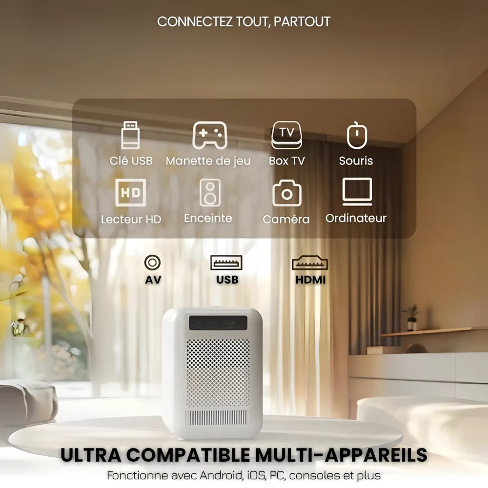 Projecteur Compact Android – HD 720p, Android 9.0, 300 ANSI Lumens, Auto Focus, Anti-Poussière, Jusqu'à 200 pouces