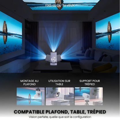 Vidéoprojecteur Portable Intelligent – Full HD 1080p, Android 11, Autofocus, WiFi 6, Bluetooth 5.4, Rotation 180°, Projection Courte