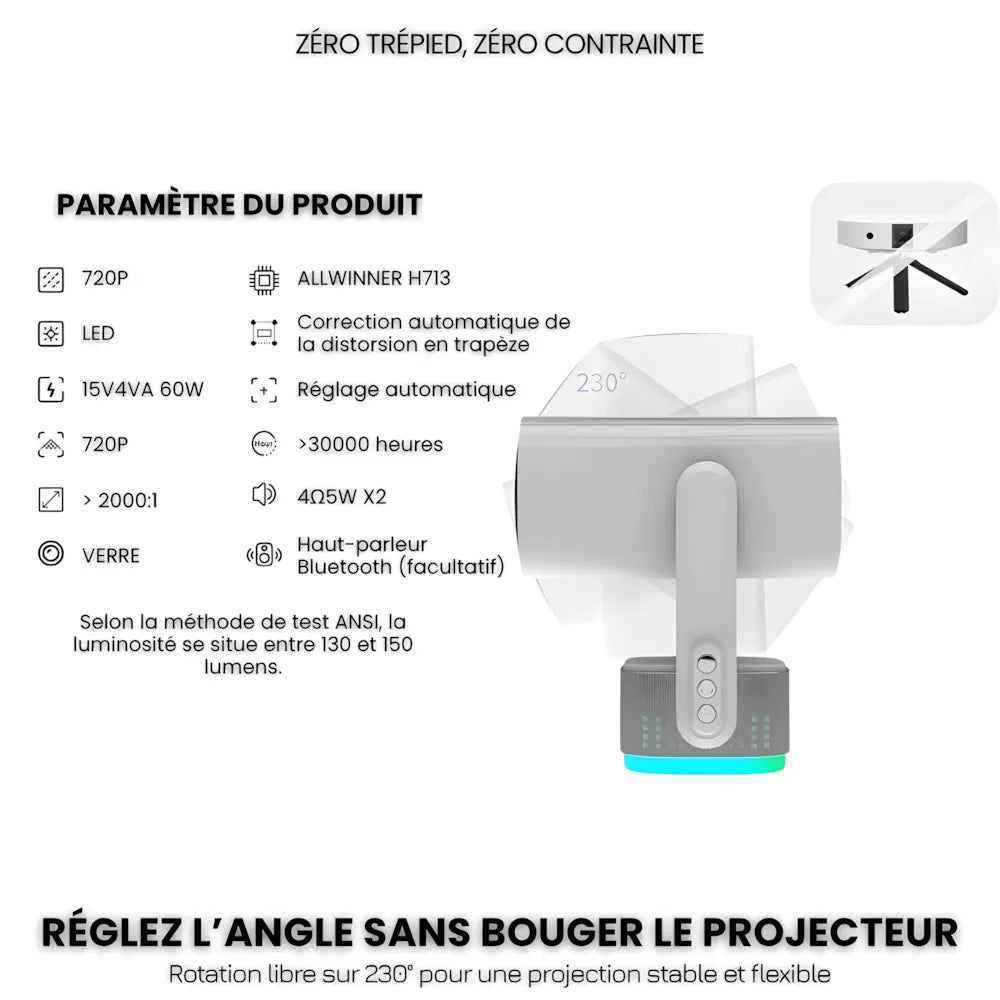 Projecteur Portable Flexible – Android 11, Angle 230°, Autofocus, Batterie, WiFi 5G, Bluetooth 5.2, Haut-parleurs 10W