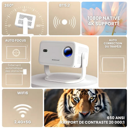 Projecteur Portable Android Intelligent – Full HD 1080p, Android 11, 650 ANSI Lumens, Auto Focus, Wi-Fi 6, Bluetooth 5.2, 360°