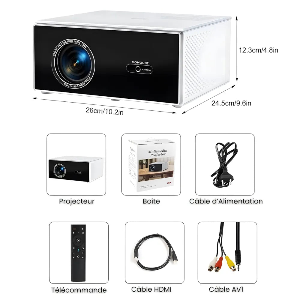 Projecteur Home Cinéma – Android 13, 1200 ANSI, 6D Auto Keystone, 4K Compatible, Wi-Fi 6, Bluetooth