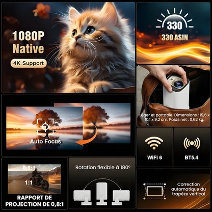 Vidéoprojecteur Portable Intelligent – Full HD 1080p, Android 11, Autofocus, WiFi 6, Bluetooth 5.4, Rotation 180°, Projection Courte