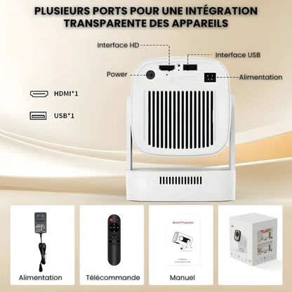 Vidéoprojecteur Portable Intelligent – Full HD 1080p, Android 11, Autofocus, WiFi 6, Bluetooth 5.4, Rotation 180°, Projection Courte