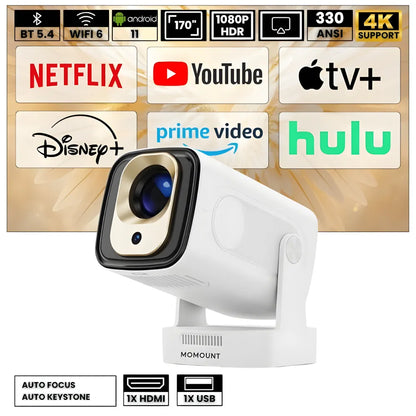 Vidéoprojecteur Portable Intelligent – Full HD 1080p, Android 11, Autofocus, WiFi 6, Bluetooth 5.4, Rotation 180°, Projection Courte