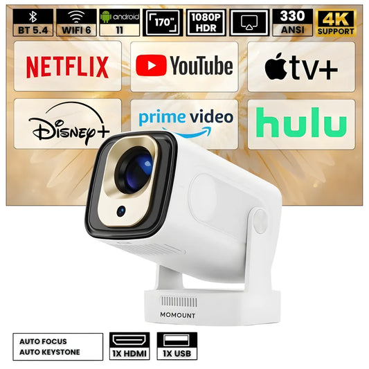Vidéoprojecteur Portable Intelligent – Full HD 1080p, Android 11, Autofocus, WiFi 6, Bluetooth 5.4, Rotation 180°, Projection Courte