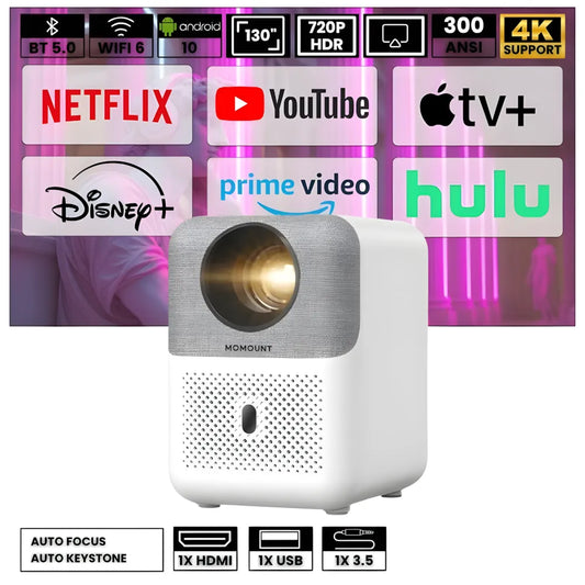 Projecteur Compact Android – HD 720p, Android 9.0, 300 ANSI Lumens, Auto Focus, Anti-Poussière, Jusqu'à 200 pouces