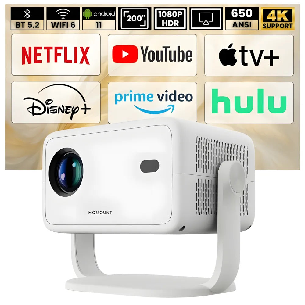 Projecteur Portable Android Intelligent – Full HD 1080p, Android 11, 650 ANSI Lumens, Auto Focus, Wi-Fi 6, Bluetooth 5.2, 360°