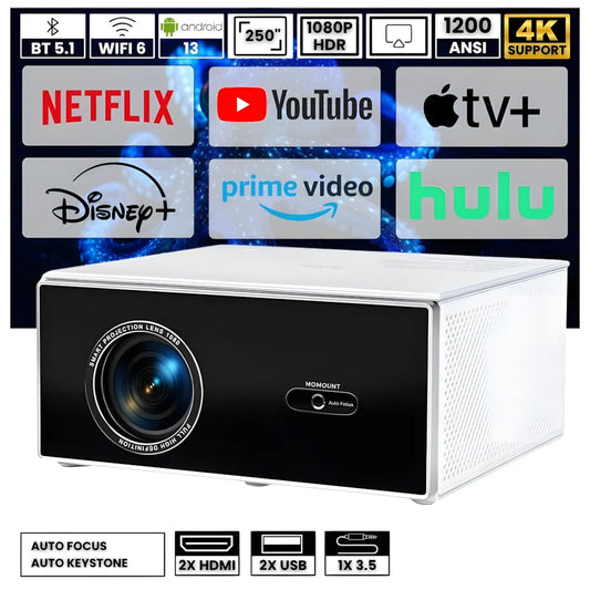 Projecteur Home Cinéma – Android 13, 1200 ANSI, 6D Auto Keystone, 4K Compatible, Wi-Fi 6, Bluetooth