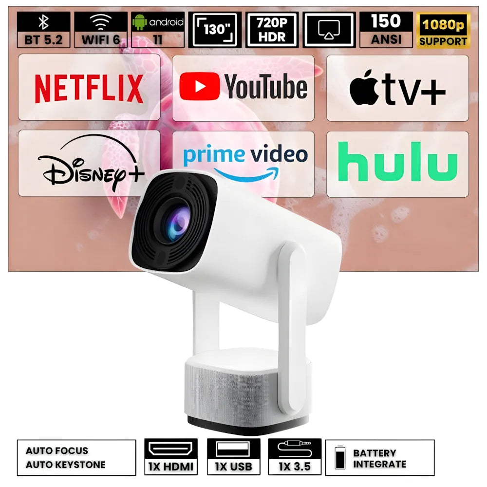 Projecteur Portable Flexible – Android 11, Angle 230°, Autofocus, Batterie, WiFi 5G, Bluetooth 5.2, Haut-parleurs 10W