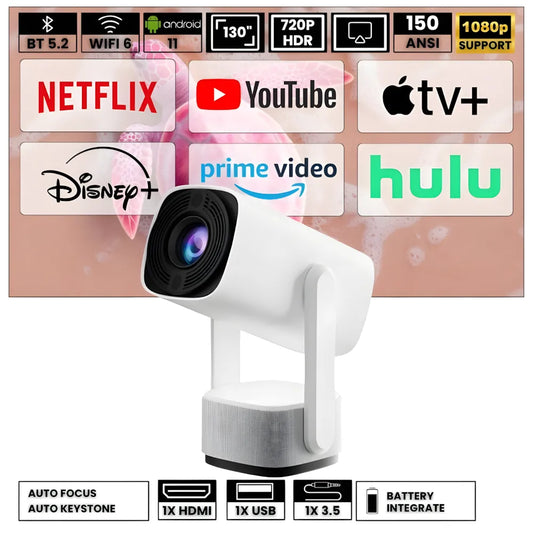 Projecteur Portable Flexible – Android 11, Angle 230°, Autofocus, Batterie, WiFi 5G, Bluetooth 5.2, Haut-parleurs 10W