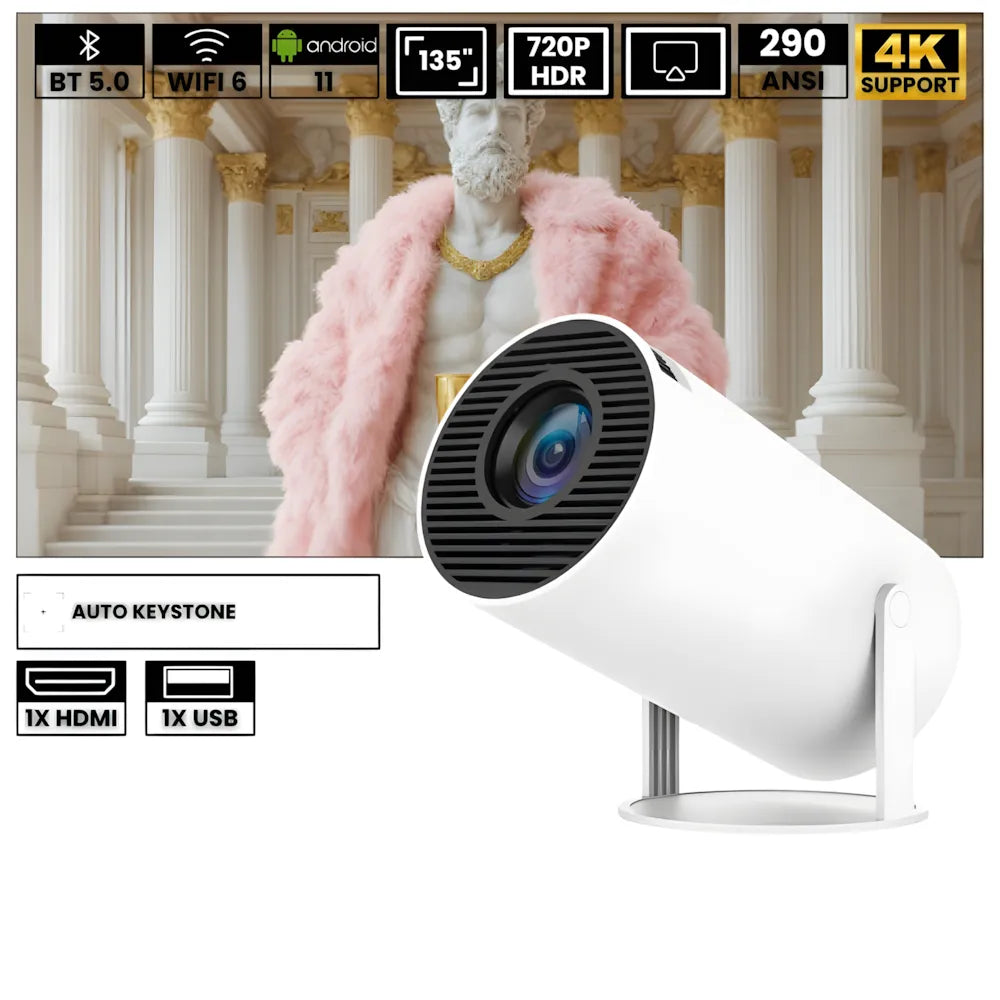 Projecteur Portable HD Smart – Android 11, Base Rotative 180°, Autofocus, 260 ANSI, WiFi 6, Bluetooth 5.0