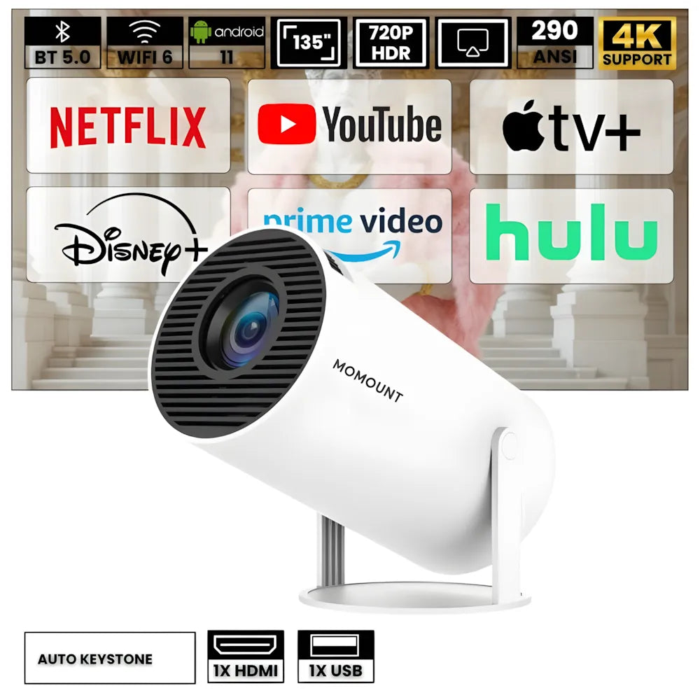 Projecteur Portable HD Smart – Android 11, Base Rotative 180°, Autofocus, 260 ANSI, WiFi 6, Bluetooth 5.0