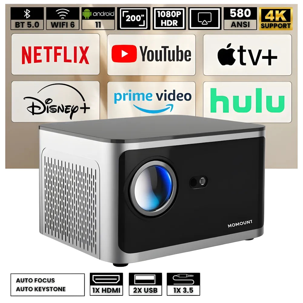 Projecteur Full HD Android – 1080p Natif, 580 ANSI Lumens, Correction Auto, Zoom Optique 1.35x, Bluetooth, Jusqu’à 150 pouces