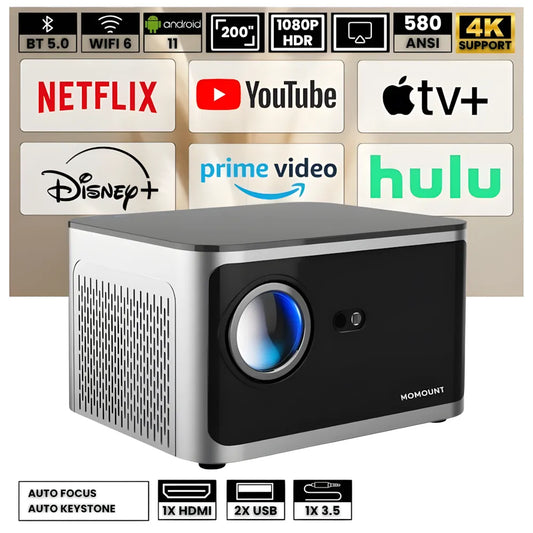 Projecteur Full HD Android – 1080p Natif, 580 ANSI Lumens, Correction Auto, Zoom Optique 1.35x, Bluetooth, Jusqu’à 150 pouces