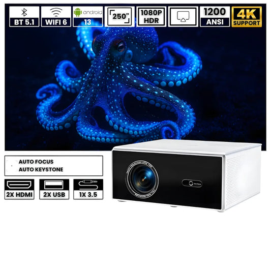 Projecteur Home Cinéma – Android 13, 1200 ANSI, 6D Auto Keystone, 4K Compatible, Wi-Fi 6, Bluetooth