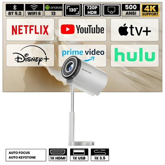 Mini Projecteur Portable Intelligent – Android 13, 500 ANSI Lumens, Wi-Fi 5G, Bluetooth 5.0, Rotation 90°, 150 pouces