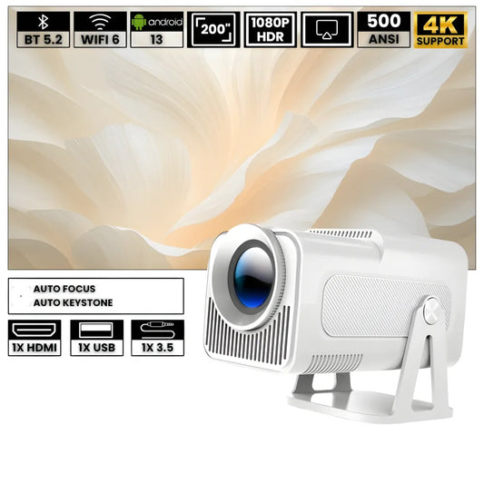 Projecteur Portable Full HD 1080p – Android 13, 500 ANSI Lumens, Autofocus, Base Rotative, Wi-Fi 6, Bluetooth 5.2