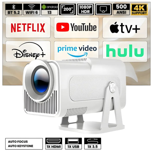 Projecteur Portable Full HD 1080p – Android 13, 500 ANSI Lumens, Autofocus, Base Rotative, Wi-Fi 6, Bluetooth 5.2