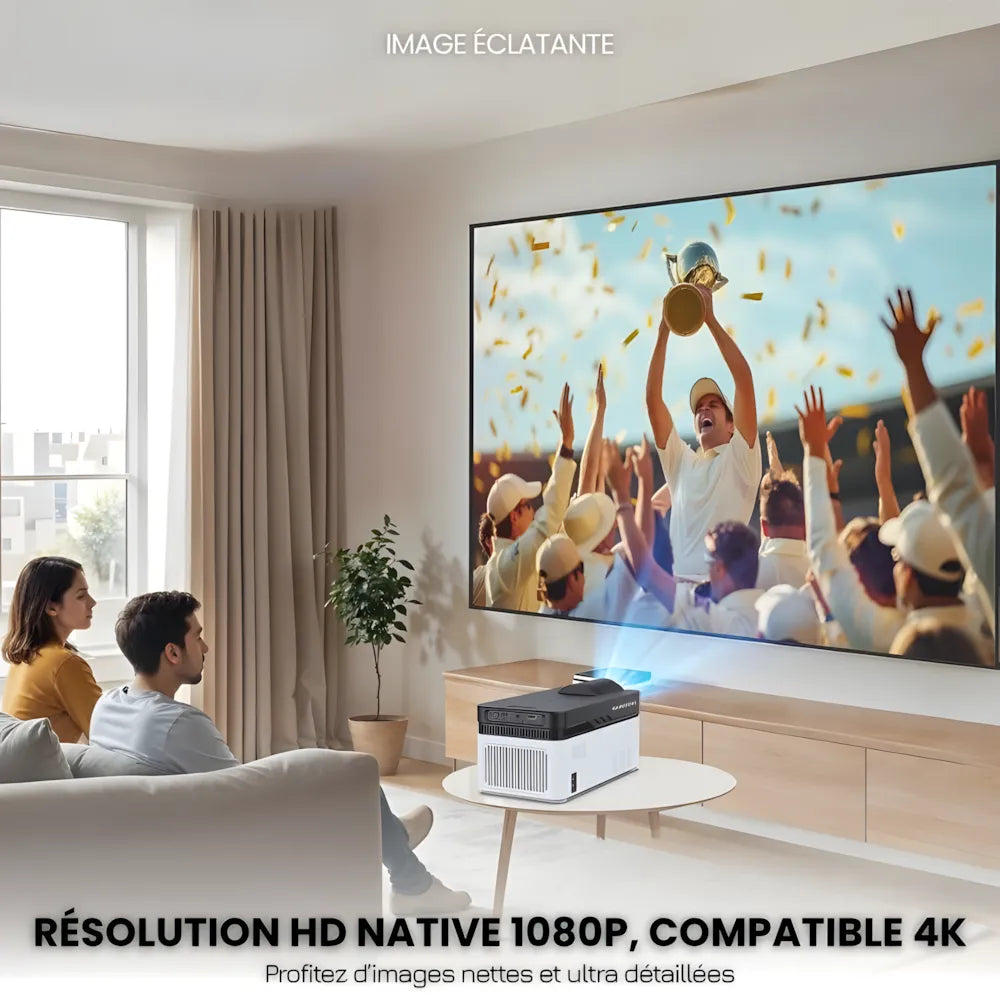 Projecteur Ultra Courte Focale – Full HD 1080p, Android 11, 900 ANSI Lumens, Autofocus, Wi-Fi 6, Bluetooth 5.4