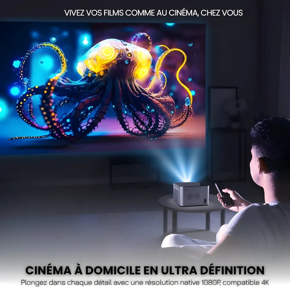 Projecteur Full HD Android – 1080p Natif, 580 ANSI Lumens, Correction Auto, Zoom Optique 1.35x, Bluetooth, Jusqu’à 150 pouces