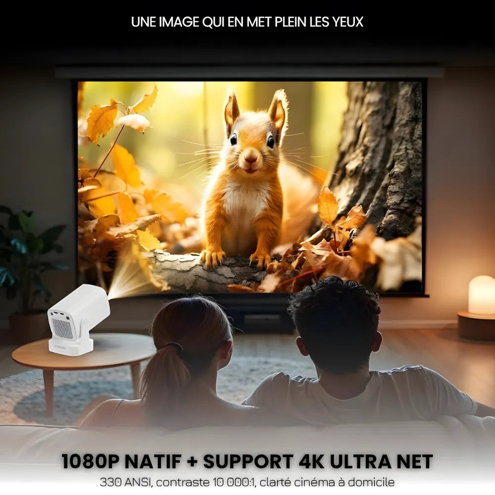 Vidéoprojecteur Portable Intelligent – Full HD 1080p, Android 11, Autofocus, WiFi 6, Bluetooth 5.4, Rotation 180°, Projection Courte