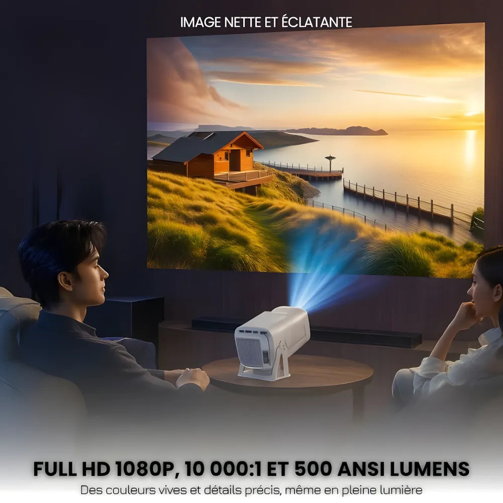Projecteur Portable Full HD 1080p – Android 13, 500 ANSI Lumens, Autofocus, Base Rotative, Wi-Fi 6, Bluetooth 5.2