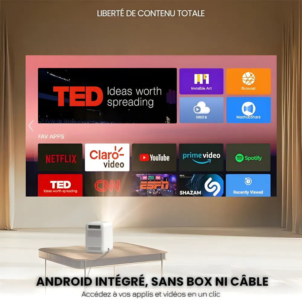 Projecteur Compact Android – HD 720p, Android 9.0, 300 ANSI Lumens, Auto Focus, Anti-Poussière, Jusqu'à 200 pouces