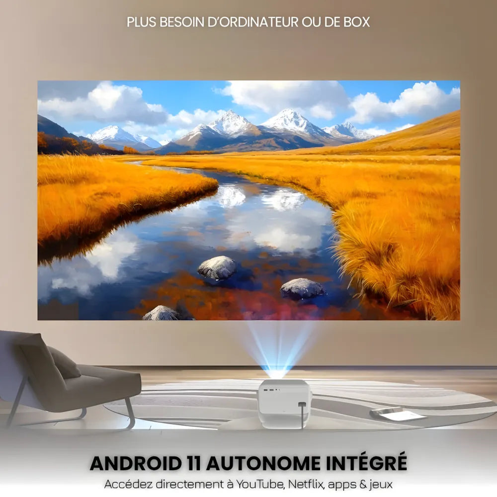Projecteur Portable Android Intelligent – Full HD 1080p, Android 11, 650 ANSI Lumens, Auto Focus, Wi-Fi 6, Bluetooth 5.2, 360°