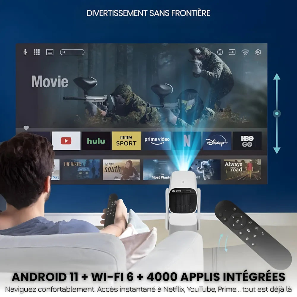 Projecteur Portable Flexible – Android 11, Angle 230°, Autofocus, Batterie, WiFi 5G, Bluetooth 5.2, Haut-parleurs 10W