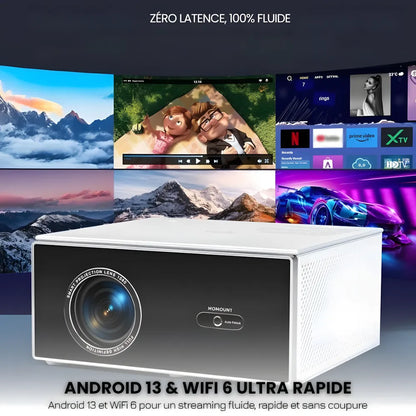Projecteur Home Cinéma – Android 13, 1200 ANSI, 6D Auto Keystone, 4K Compatible, Wi-Fi 6, Bluetooth