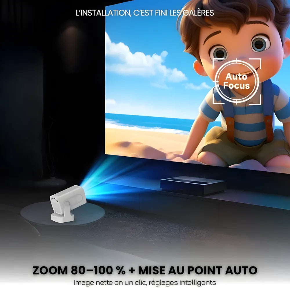 Vidéoprojecteur Portable Intelligent – Full HD 1080p, Android 11, Autofocus, WiFi 6, Bluetooth 5.4, Rotation 180°, Projection Courte