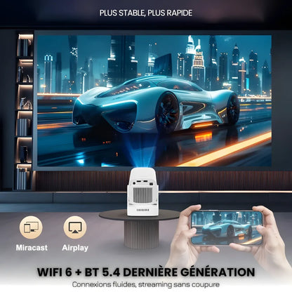 Vidéoprojecteur Portable Intelligent – Full HD 1080p, Android 11, Autofocus, WiFi 6, Bluetooth 5.4, Rotation 180°, Projection Courte