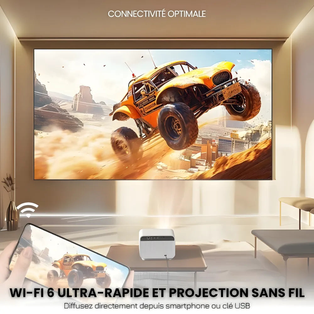 Projecteur Full HD Android – Autofocus, WiFi 6, Bluetooth 5.2, Streaming Sans Fil & Projection jusqu’à 300 pouces