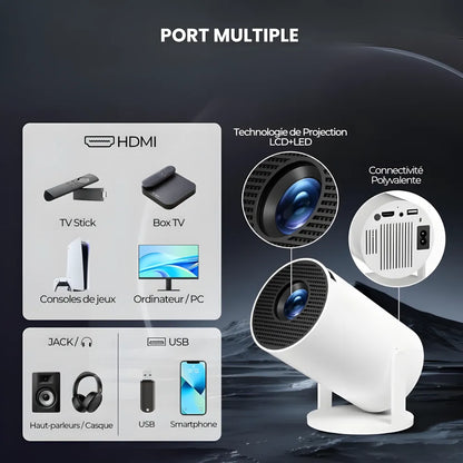 Projecteur Portable HD Smart – Android 11, Base Rotative 180°, Autofocus, 260 ANSI, WiFi 6, Bluetooth 5.0