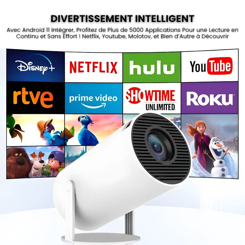 Projecteur Portable HD Smart – Android 11, Base Rotative 180°, Autofocus, 260 ANSI, WiFi 6, Bluetooth 5.0