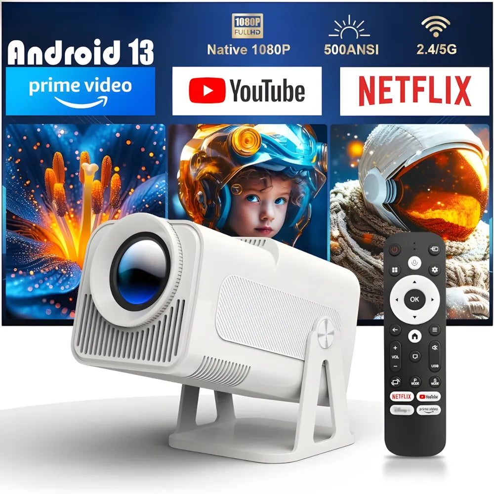 Projecteur Portable Full HD 1080p – Android 13, 500 ANSI Lumens, Autofocus, Base Rotative, Wi-Fi 6, Bluetooth 5.2