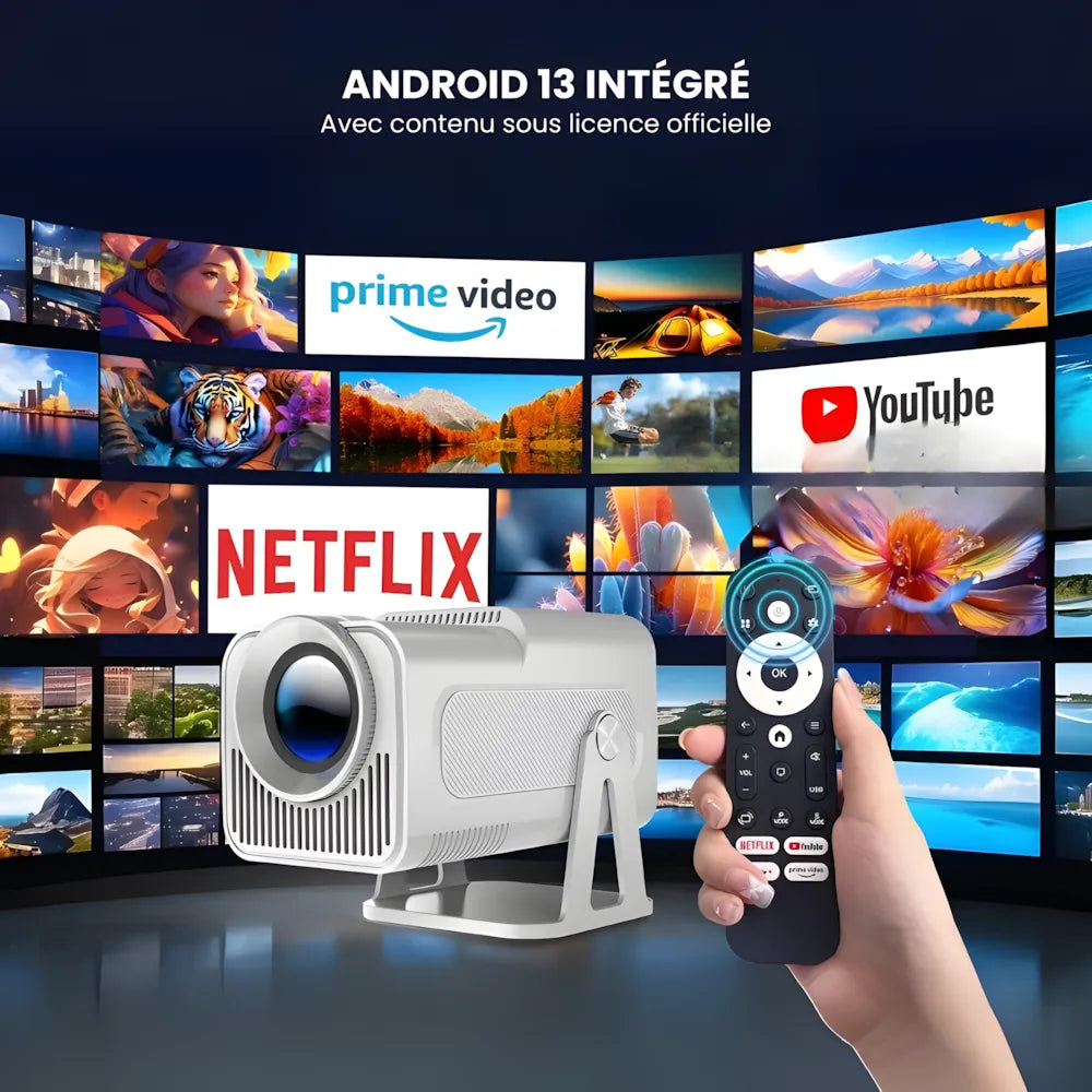 Projecteur Portable Full HD 1080p – Android 13, 500 ANSI Lumens, Autofocus, Base Rotative, Wi-Fi 6, Bluetooth 5.2