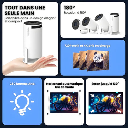 Projecteur Portable HD Smart – Android 11, Base Rotative 180°, Autofocus, 260 ANSI, WiFi 6, Bluetooth 5.0