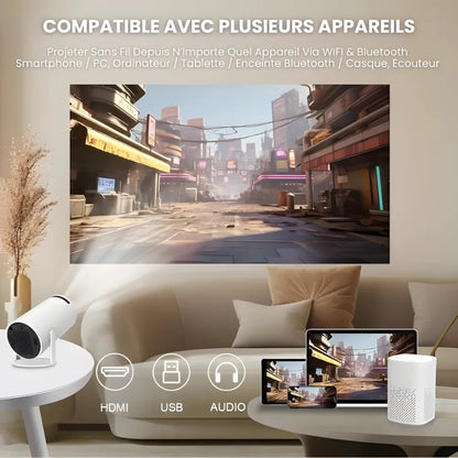 Projecteur Portable HD Smart – Android 11, Base Rotative 180°, Autofocus, 260 ANSI, WiFi 6, Bluetooth 5.0